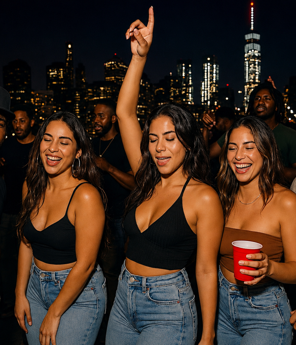 Friends celebrating at a rooftop party with city skyline