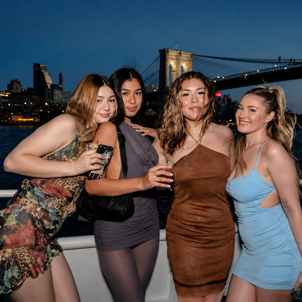 Four women posing on a boat with the Brooklyn Bridge